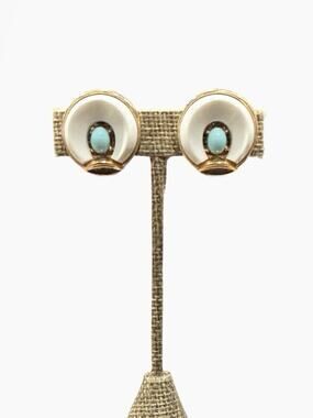 Crown Trifari Gold Tone Santa Anita White Enamel Turquoise Blue Clip On Earrings